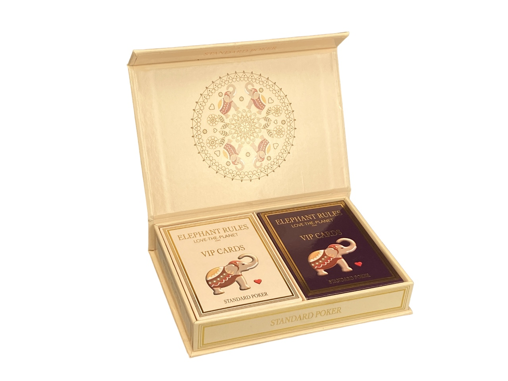 Geöffnete Elephant Rules Geschenkbox mit zwei Kartendecks