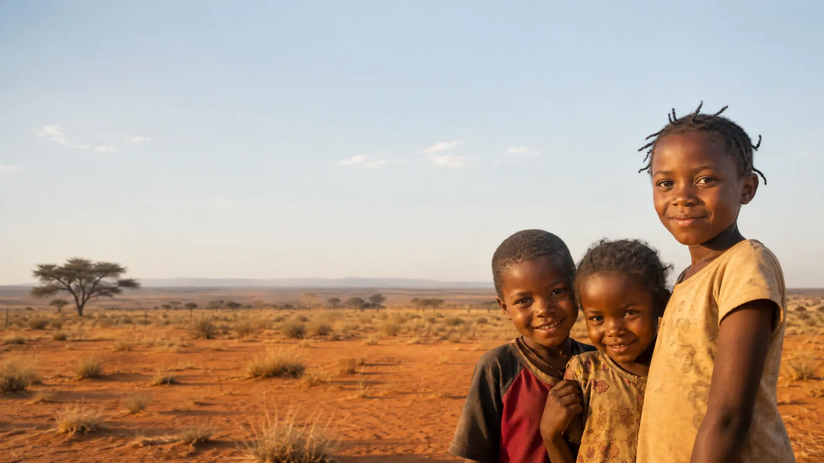 Drei Kinder vor der weiten Landschaft Namibias